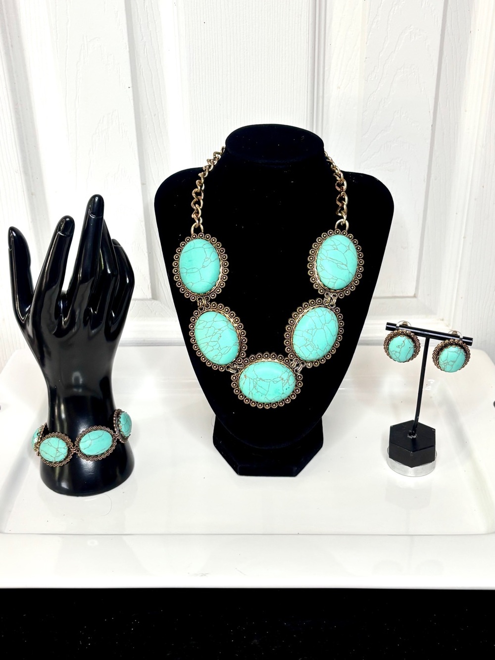 Plunder Signed Turquoise Colored Statement Necklace Bracelet Earrings Gold Tone